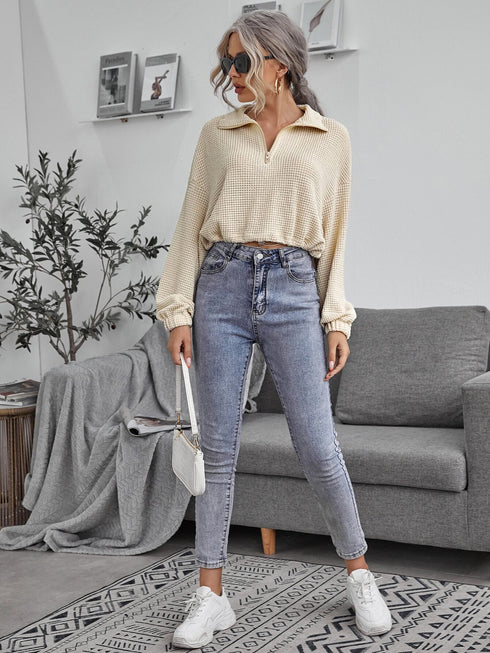 Zipper Drawstring Lapel Knit Pullover Polo Shirt - ROUTINE FASHION